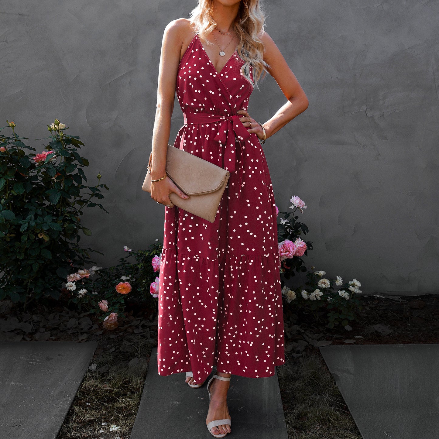 European And American Style V Neck Polka Dot Dress